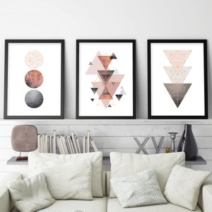 Downloadable printable art set of 3 Scandinavian modern geometric prints in blush pink grey rose gold Scandi wall art instant downloads image 9