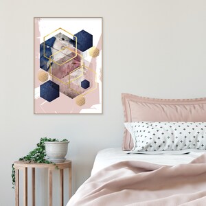 Poster digital download in blush pink navy blue and gold Downloadable abstract print Printable hexagon wall art Scandi decor modern image 3