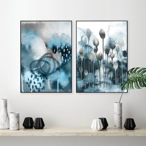 2er Set abstraktes Aquarell Bilder in blau Printable Diptychon Wall Art Set Indigo beige blaue Bilder abstraktes Duo