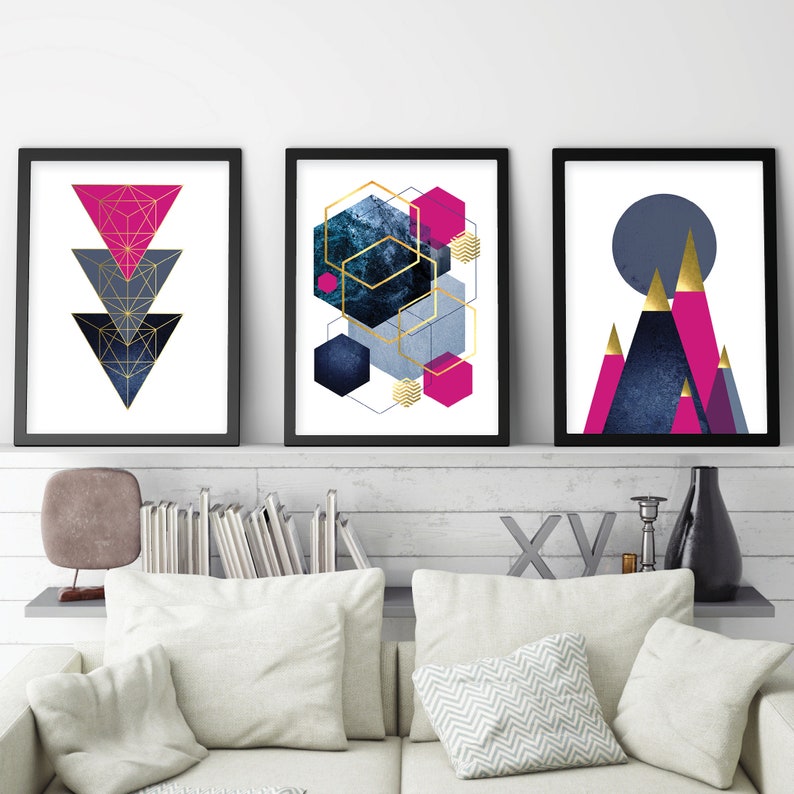 Set of 3 Printable Navy Fuchia Pink Gold Wall Art Living Etsy