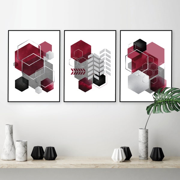 Printable art set of 3, Burgundy black grey silver, Geometric printable, Downloadable prints, Digital download, Matching, Living room art