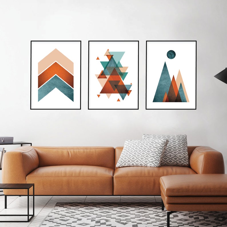 Set of 3 burnt orange teal printable wall art Geometric Mountain Chevrons Scandi art set trio Modern midcentury downloadable living room art