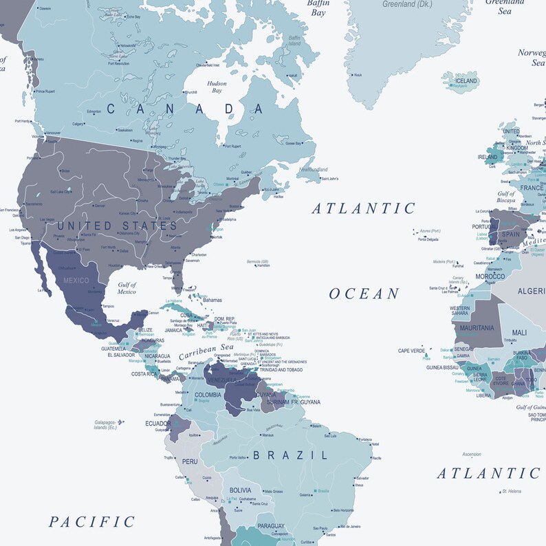 EXTRA LARGE Printable World Map in Blue XL Downloadable Map | Etsy