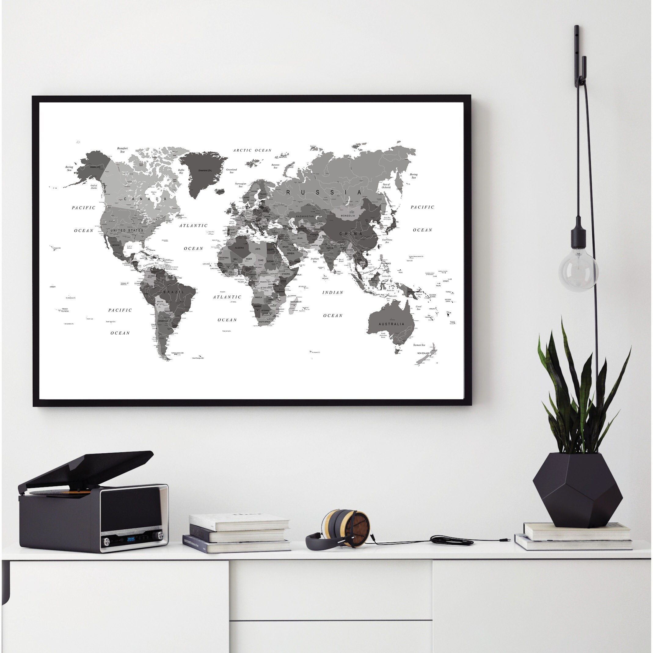 World map printable black white grey World map wall art | Etsy