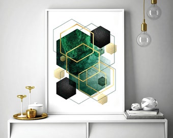 Digital download of emerald green and gold geometric print, Printable abstract geometric wall art, Hexagon wall decor, Large art download