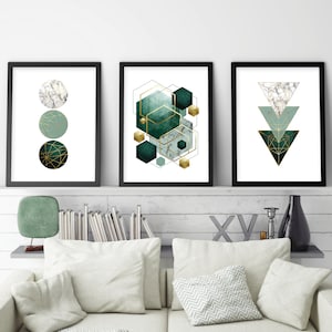 Digital Download, Set of 3, Geometric printable art, Emerald Green Gold, Digital print set, Abstract green gold, Downloadable art elegant