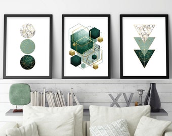 Digital Download, Set of 3, Geometric printable art, Emerald Green Gold, Digital print set, Abstract green gold, Downloadable art elegant