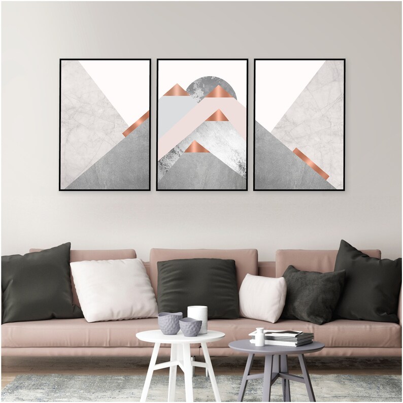 Mountain triptych wall art instant download in blush pink grey Etsy