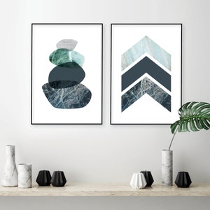 Set of 2 printable posters of balancing stones chevrons Scandinavian downloadable prints Minimalist Scandi wall art Modern bedroom wall art image 1