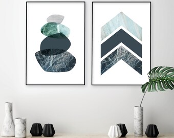 Set of 2 printable posters of balancing stones chevrons Scandinavian downloadable prints Minimalist Scandi wall art Modern bedroom wall art