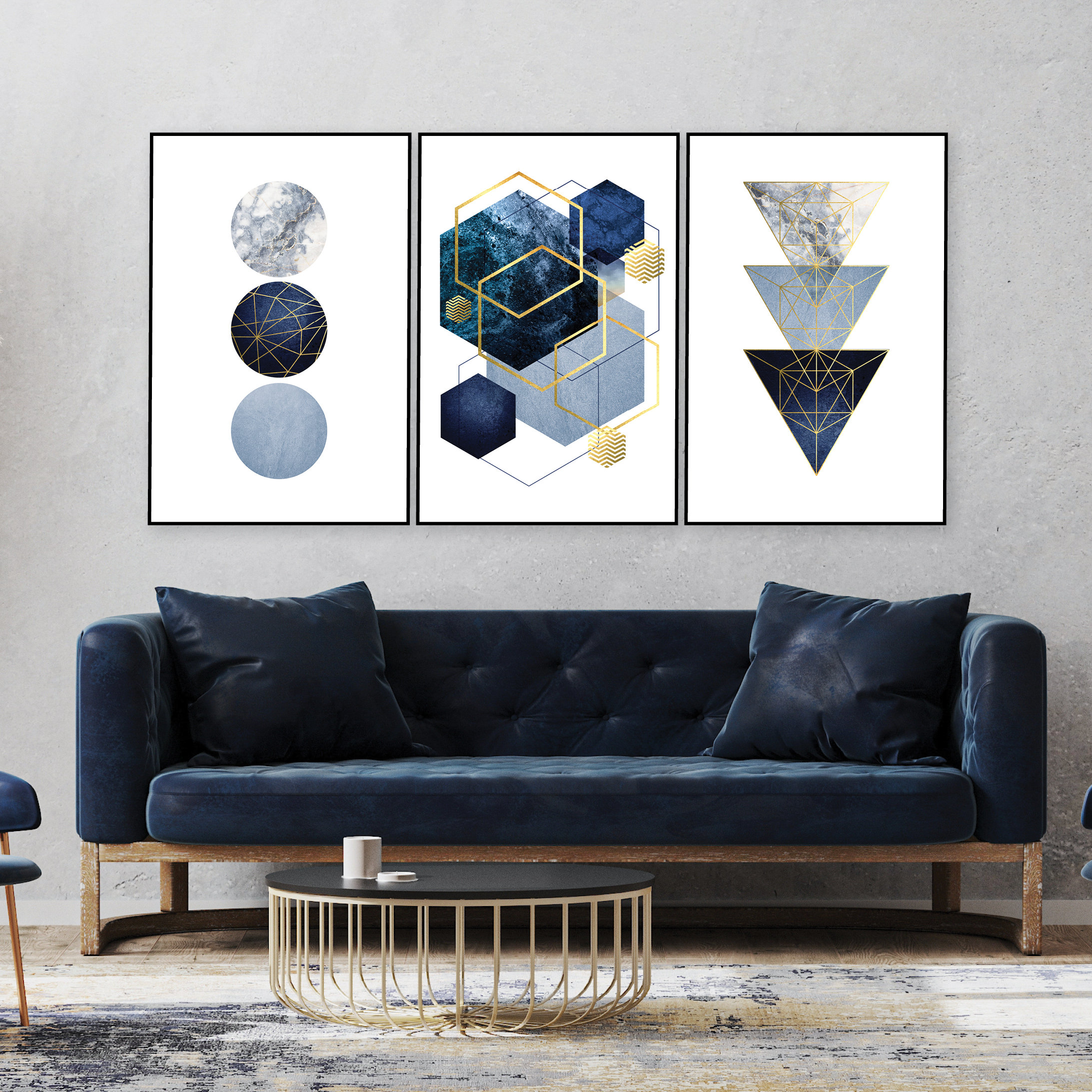 3 Minimalist Decor Downloadable Blue Wall Prints Posters A1 Etsy Set Download Download Instant Navy - Geometric Printable of Art Digital Art Gold