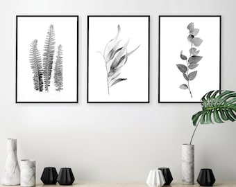 Printable set of 3 botanical prints, Set of 3 prints, Digital download tryptic wall art, Black white leaves prints, Botanical print set of 3