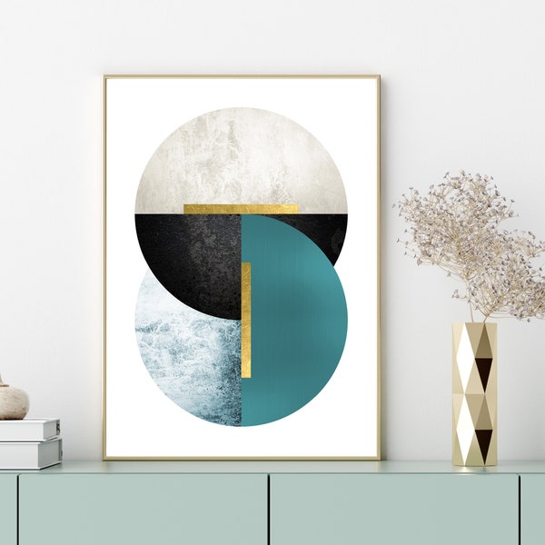 Teal and gold printable wall art, Downloadable minimalist poster, Digital download geometric artwork, Teal art download, Modern printable