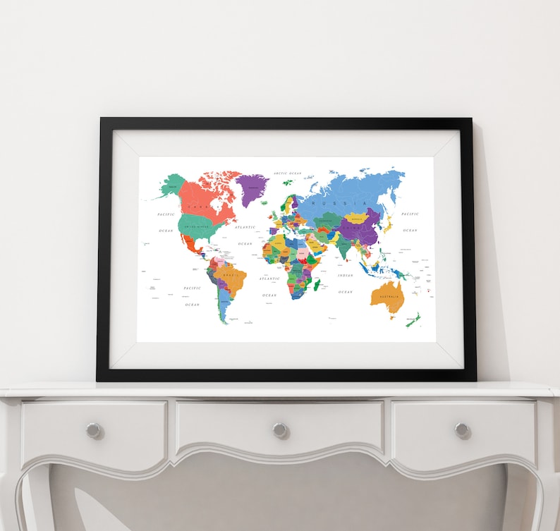 Printable Small World Map Poster Bright Colors Downloadable Etsy