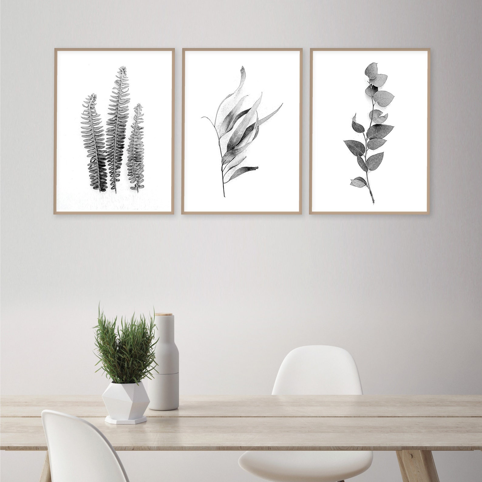 Black and White Botanical Print Set of 3, Leaves Triptych (digital ...
