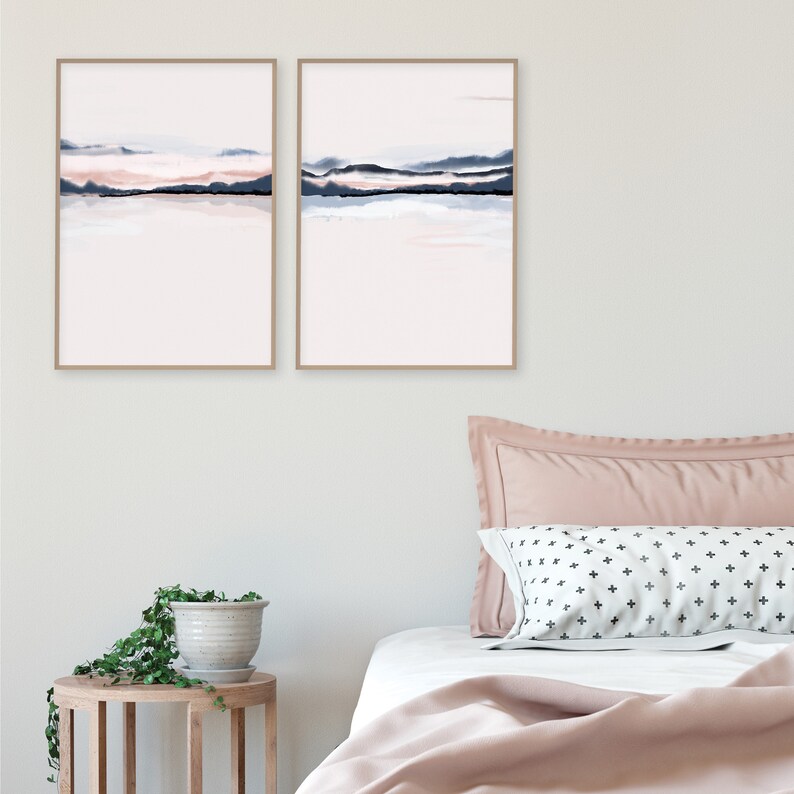 Horizon Blush navy wall art set of 2 prints navy blush Etsy