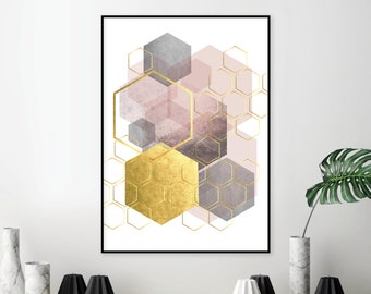 May include: Abstract geometric art print featuring overlapping hexagonal shapes in shades of pink, gray, and gold. The print has a modern and minimalist aesthetic.