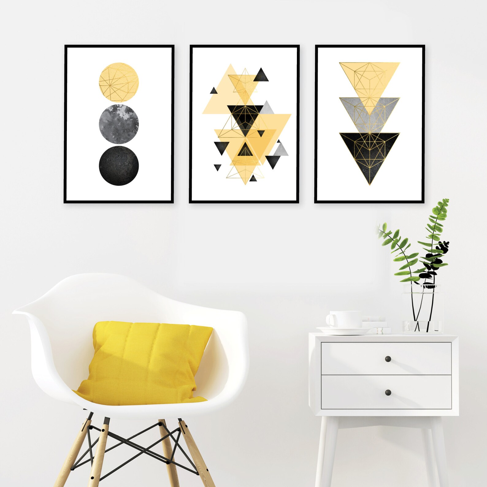 Set of 3 Downloadable Prints Yellow Grey Geometric Wall Art Etsy