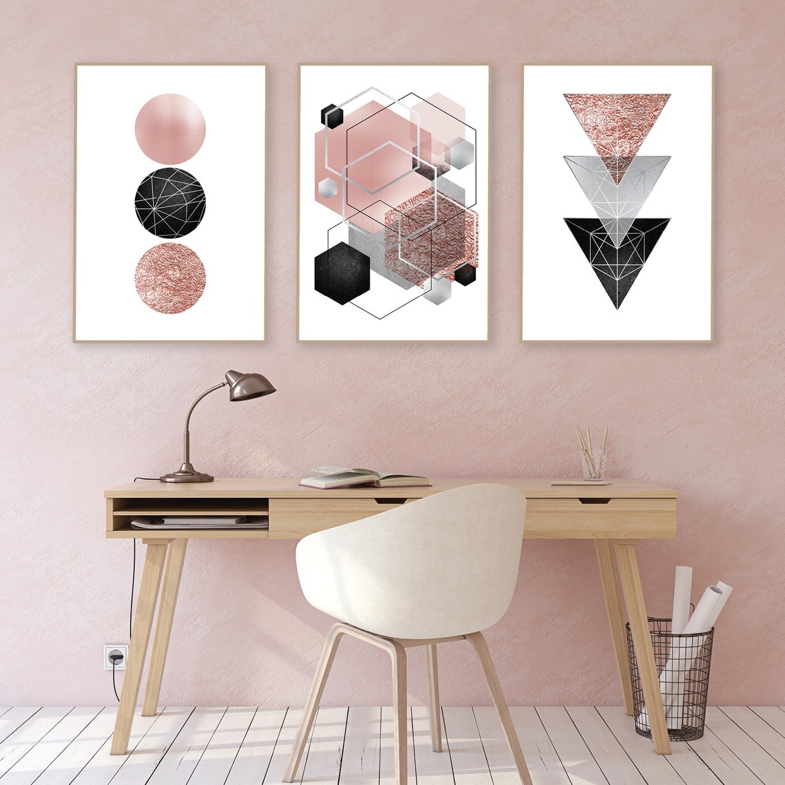 Digital download blush pink grey silver wall art set of 3 Etsy