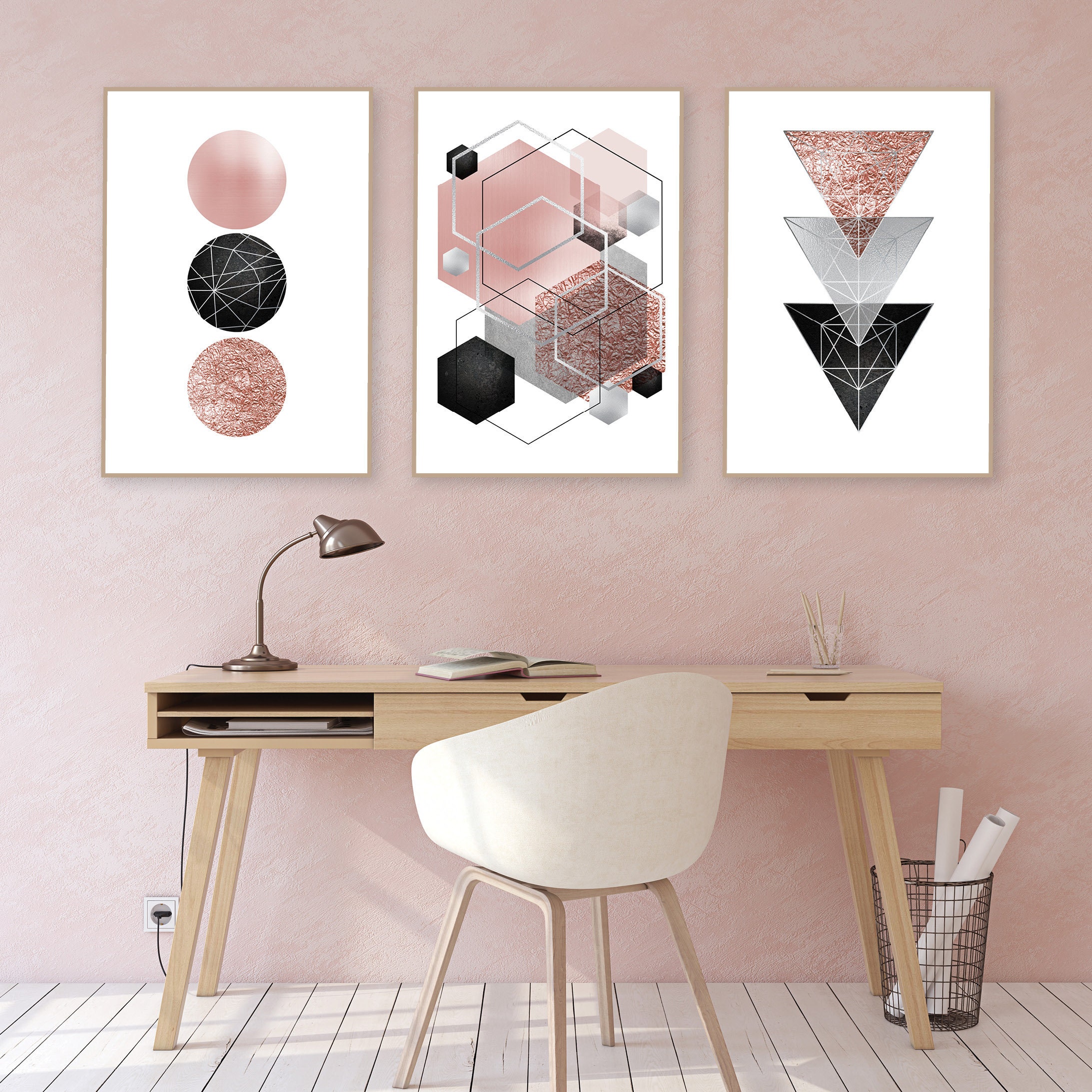 Digital download blush pink grey silver wall art set of 3 | Etsy