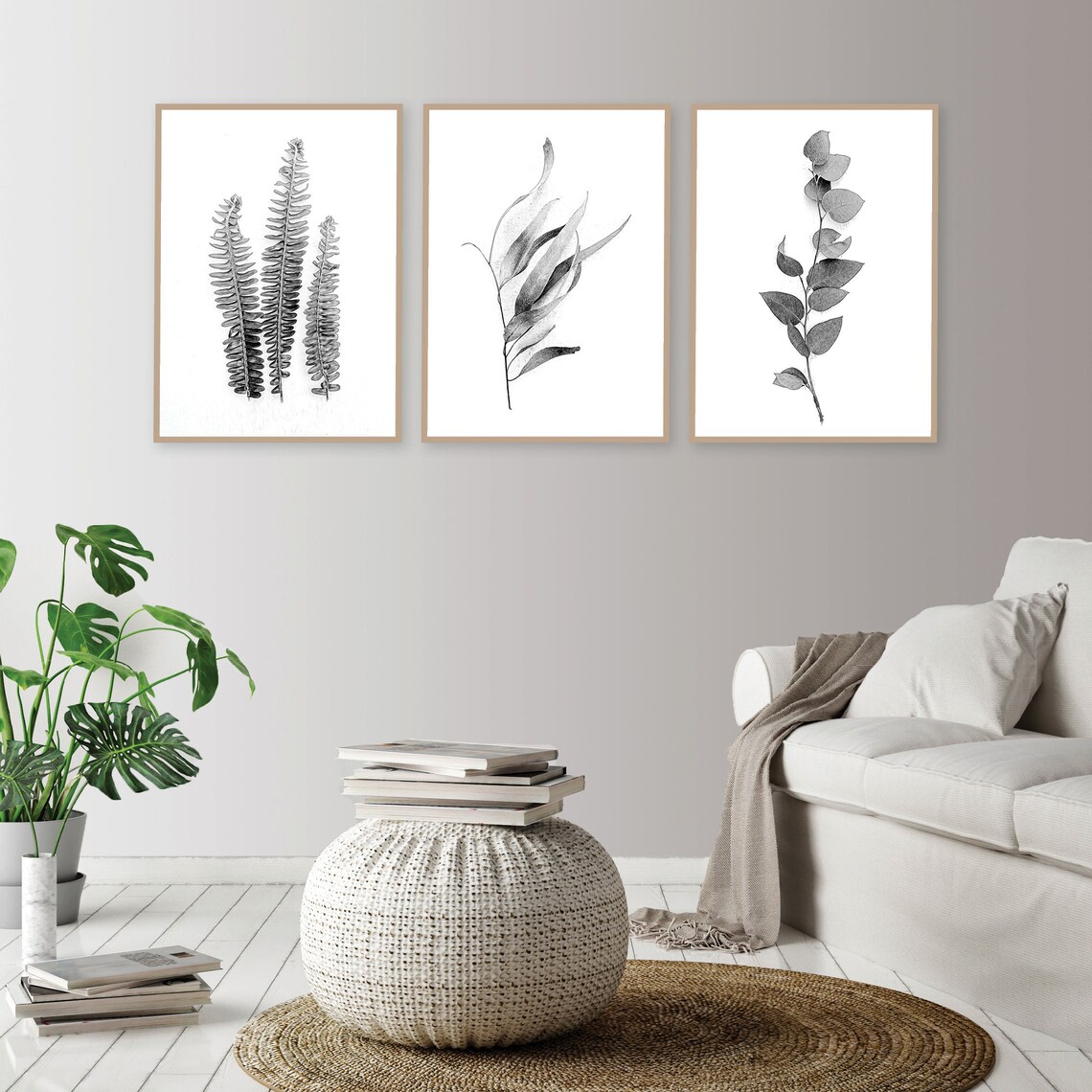 Black and White Botanical Print Set of 3, Leaves Triptych (digital ...