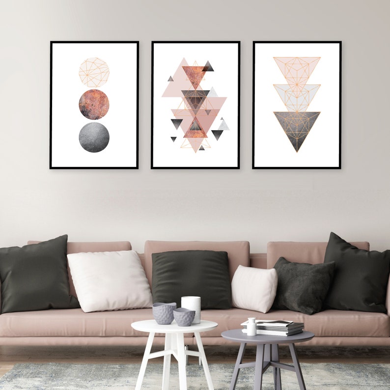 Downloadable printable art set of 3 Scandinavian modern geometric prints in blush pink grey rose gold Scandi wall art instant downloads image 3