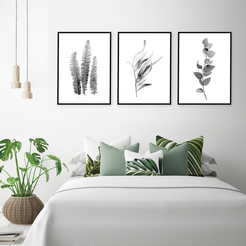 Set of 3 black and white botanical downloadable prints Printable art set digital illustration Australian gum leaves Fern wall art Monochrome image 2