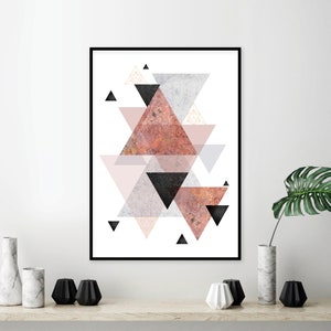 Printable scandinavian geometric wall art blush pink grey black and rose gold Large poster download geometrical wall decor Instant download image 1