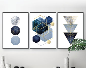Set of 3 downloadable geometric abstract prints, Printable wall art set, Triptych in navy dark blue gold wall decor Digital art trending now