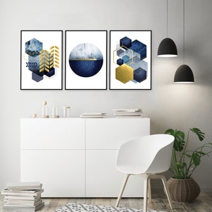 Printable art, Set of 3, Navy gold downloadable prints, Trio matching geometric art, Scandinavian Printable, Minimalist Poster, Trending Now image 9