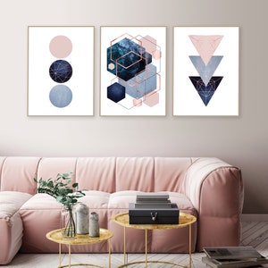 Printable Navy Rose Gold Wall Art, Set of 3 Prints Bedroom, Blush Pink ...