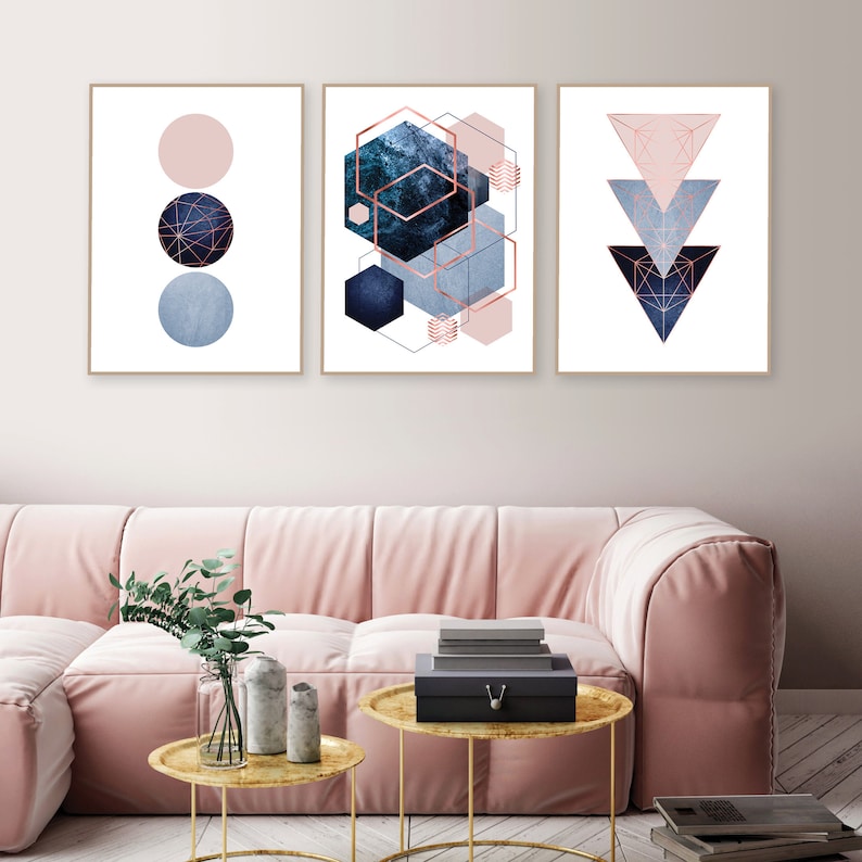 Printable Navy Rose Gold Wall Art Set of 3 Prints Bedroom Etsy