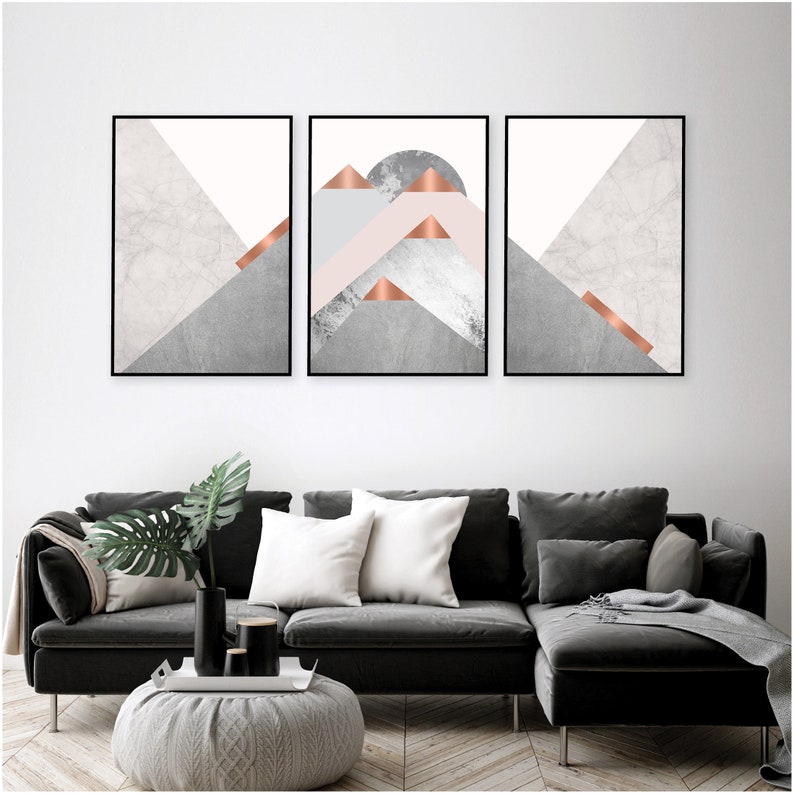 Mountain triptych wall art instant download in blush pink