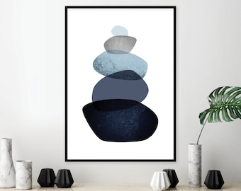Downloadable Balancing Stones print navy blue grey white Pebbles printable art Minimalist Scandinavian modern Balance wall art indigo blue