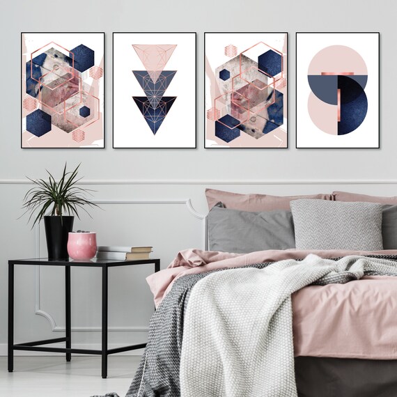 Artsy Modern Rose Gold Navy Blue Ikat Geo Pillow Sham by La Femme