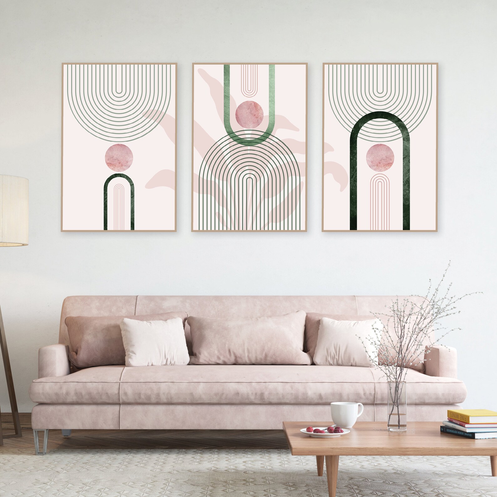 Printable Pink Green Wall Art Art Set of 3 Mid Century Trio Etsy