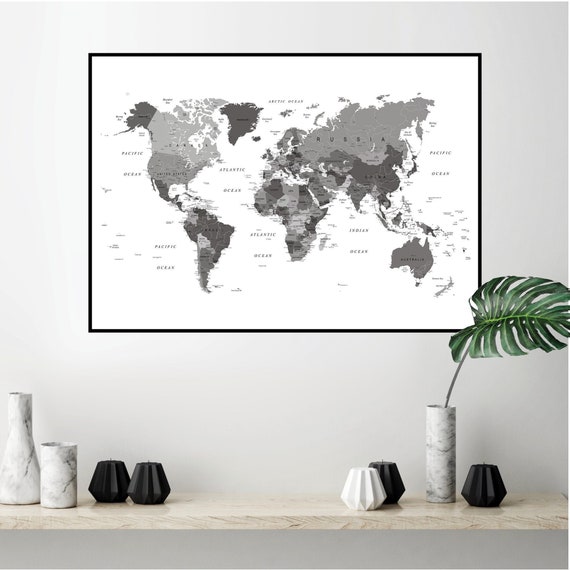 world map printable black white grey world map wall art etsy