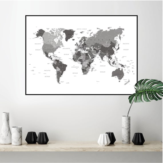 Grey World Map Wall Art World Map Printable Black White Grey World Map Wall Art | Etsy Singapore