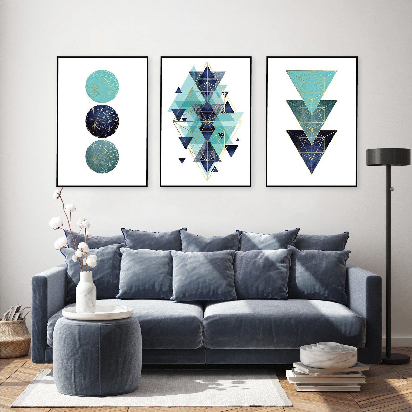 Mint Green Navy Blue Teal Gold Set of 3 Geometric Printable Etsy