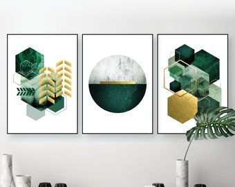 Emerald green geometric downloadable art, Green gold downloadable print, Emerald gold printable art, Living room art, Matching art set