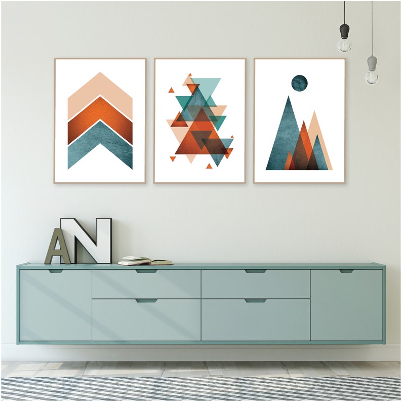 Set of 3 burnt orange teal printable wall art Geometric Mountain Chevrons Scandi art set trio Modern midcentury downloadable living room art