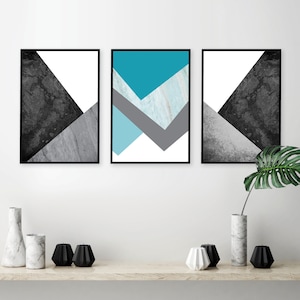Downloadable minimalist set of 3 geometric posters in turquoise grey black white Printable geometric modern art Scandi instant teal download