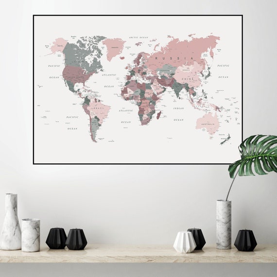 printable world map art in blush pink and hunter green map of the world large downloadable print dorm decor poster digital map download