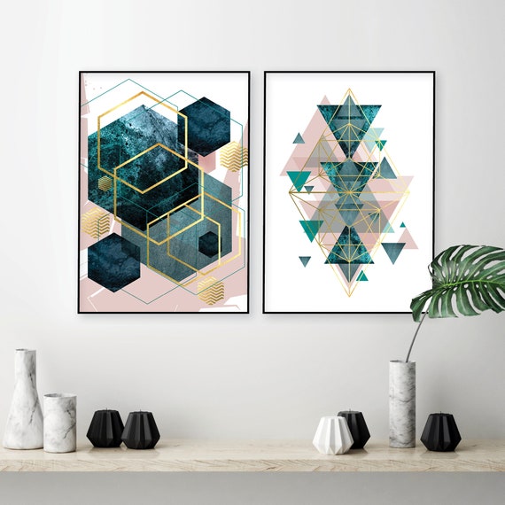 Set Of 2 Printable Blush Pink Teal Gold Geometric Prints Digital Download Dusky Pastel Pink Green Bedroom Wall Decor Trending Now Art A2