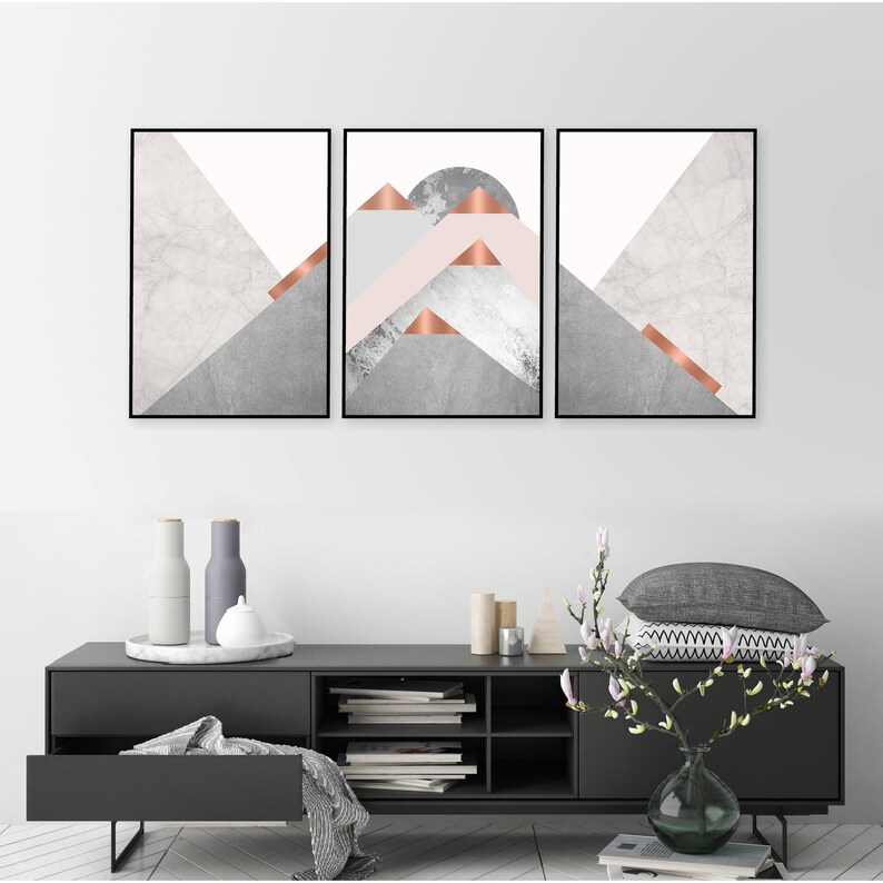 Mountain triptych wall art instant download in blush pink