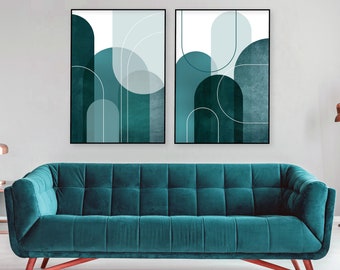 Printable mid century modern arches set of 2 in teal and white, Digital download of x2 matching prints, Downloadable minimalist posters