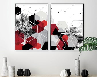 Geometric Hexagon Print Set, Red Black Grey, Abstract Wall Art (Digital Download)