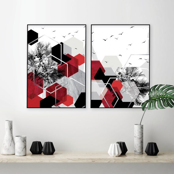 Printable Set of 2 Red Grey Black Silver Geometric Abstract - Etsy Printable Set of 2 Red Grey Black Silver Geometric Abstract - Etsy