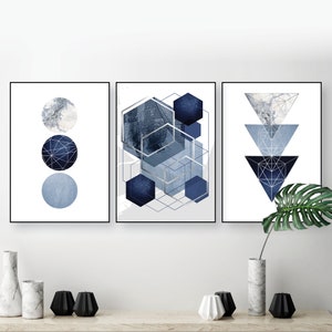 Set von 3 herunterladbaren marineblauen silbernen geometrischen Drucken Digitaler Download abstrakte geometrische druckbare Kunstsatz Große Plakate Wanddekor A2