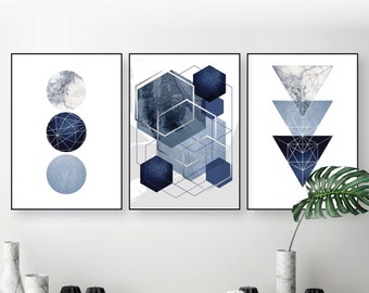 Set of 3 downloadable navy blue silver geometric prints Digital download abstract geometrical printable art set Large posters wall decor A2